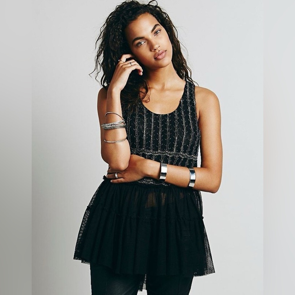 Free People, Tunic Top Raindrop Embellished Blouse Black Beaded, Small $128